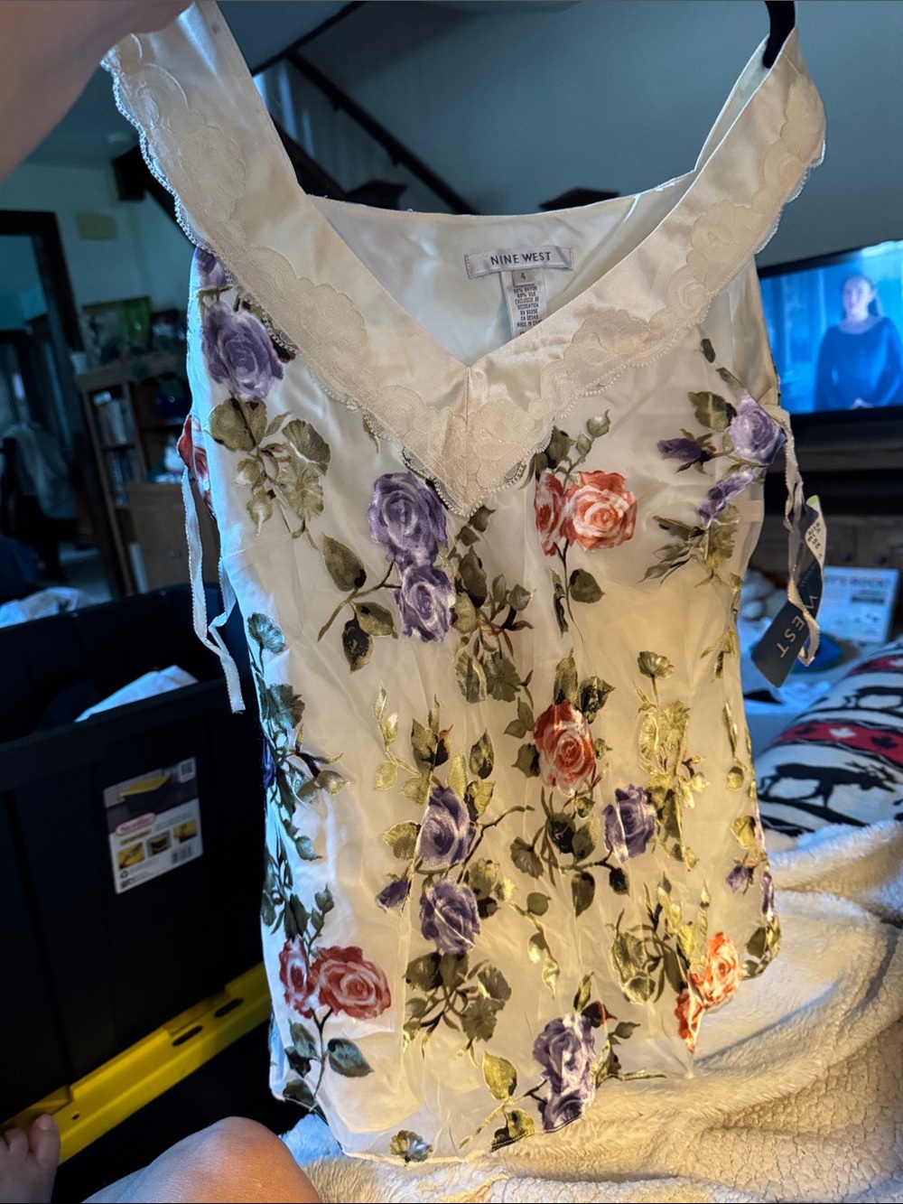 Nine West White Satin Floral Lace-Trim Cami with Purple and Pink Roses